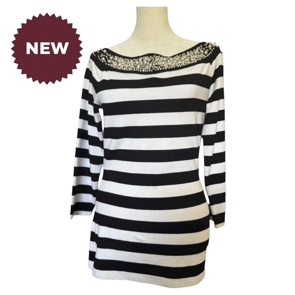 White House Black Market Stripe Black & White Bateau Holiday Dressy Top NWT
